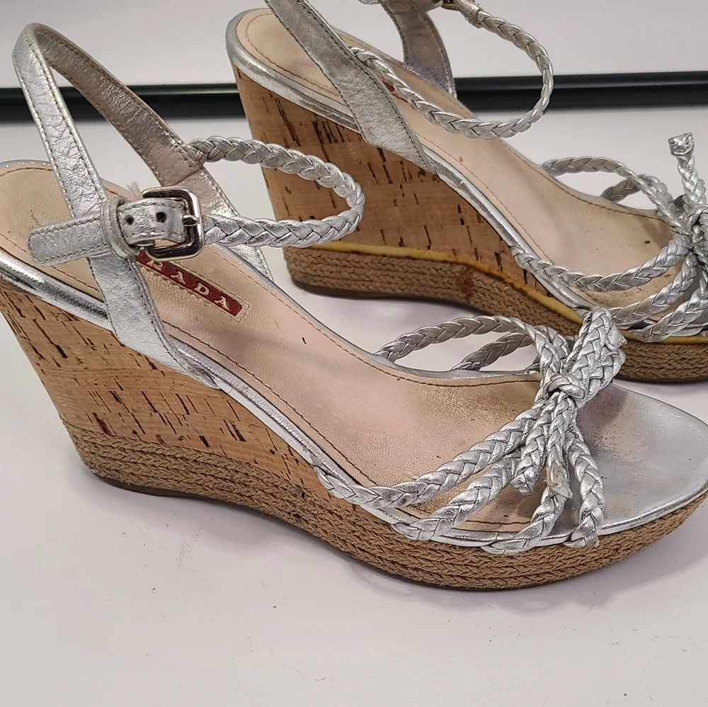 Prada silver leather strappy Wedge heel with Cork Heel peep toe size‎ 38